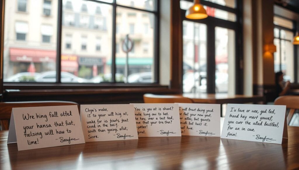 A cozy cafe interior, warm lighting illuminating a wooden table with five handwritten testimonial cards arranged neatly. The background features a large window overlooking a picturesque city street, with soft, natural light filtering in. The cards are a mix of cursive and print, conveying heartfelt messages of satisfaction and delight. The overall mood is inviting, genuine, and reflective of a positive customer experience.