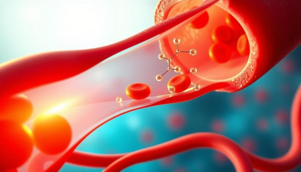 A cross-section of a healthy blood vessel, illuminated by warm, golden lighting. In the foreground, vibrant red blood cells flow smoothly, unimpeded by oxidative stress. The vessel walls, depicted in shades of pink and ivory, exhibit supple, elastic properties. In the middle ground, molecular structures representing antioxidants and free radicals engage in a delicate balance, promoting vascular integrity. The background features a serene, azure-tinted environment, symbolizing the calming influence of hydrogen water on the cardiovascular system.