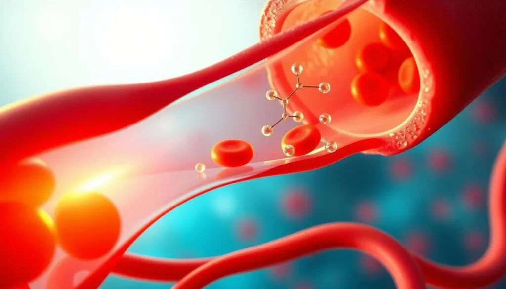 A cross-section of a healthy blood vessel, illuminated by warm, golden lighting. In the foreground, vibrant red blood cells flow smoothly, unimpeded by oxidative stress. The vessel walls, depicted in shades of pink and ivory, exhibit supple, elastic properties. In the middle ground, molecular structures representing antioxidants and free radicals engage in a delicate balance, promoting vascular integrity. The background features a serene, azure-tinted environment, symbolizing the calming influence of hydrogen water on the cardiovascular system.