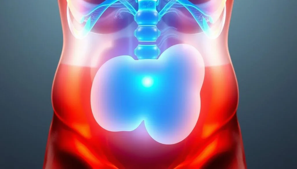 A cross-section of the human abdomen, illustrating the reduction of visceral fat. A vibrant, luminous layer of hydrogen-rich water envelops the internal organs, symbolizing its therapeutic effects. The muscles and connective tissues are clearly defined, with the fatty deposits gradually diminishing in size. A gentle, warm light emanates from the center, casting a soft glow on the surrounding area. The scene conveys a sense of optimism and revitalization, highlighting the transformative power of hydrogen-rich water in tackling visceral fat accumulation.