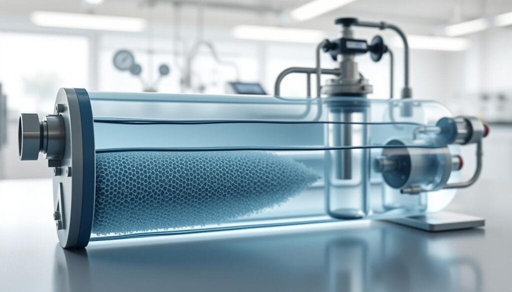 A cross-sectional diagram of a reverse osmosis water filtration system, with a clear focus on the semi-permeable membrane. The system is depicted in a clean, well-lit laboratory setting, with a soft, diffused lighting that accentuates the various components. The foreground showcases the detailed structure of the membrane, highlighting its microscopic pores and the process of water molecules selectively passing through. The middle ground features the incoming water stream, the pre-filtration stages, and the concentrated brine stream. The background provides context, with equipment such as pressure gauges, valves, and piping visible. The overall mood is one of scientific precision and technological innovation, conveying the advanced nature of the reverse osmosis process.