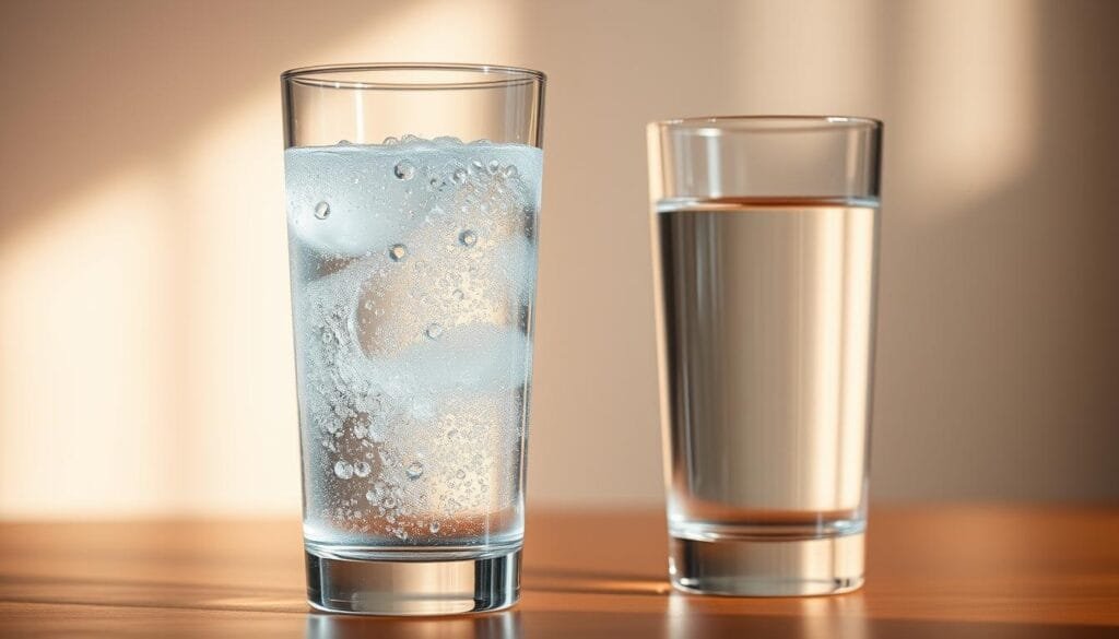A crystal-clear glass of sparkling hydrogen-infused water stands in the foreground, its bubbles gently rising. Next to it, a glass of regular water appears still and flat. The two beverages are bathed in warm, natural lighting that highlights their distinct properties. The background is a softly blurred, minimalist setting, allowing the water samples to take center stage. The scene conveys a sense of scientific inquiry and health-conscious comparison, inviting the viewer to observe the subtle differences between the two types of water.