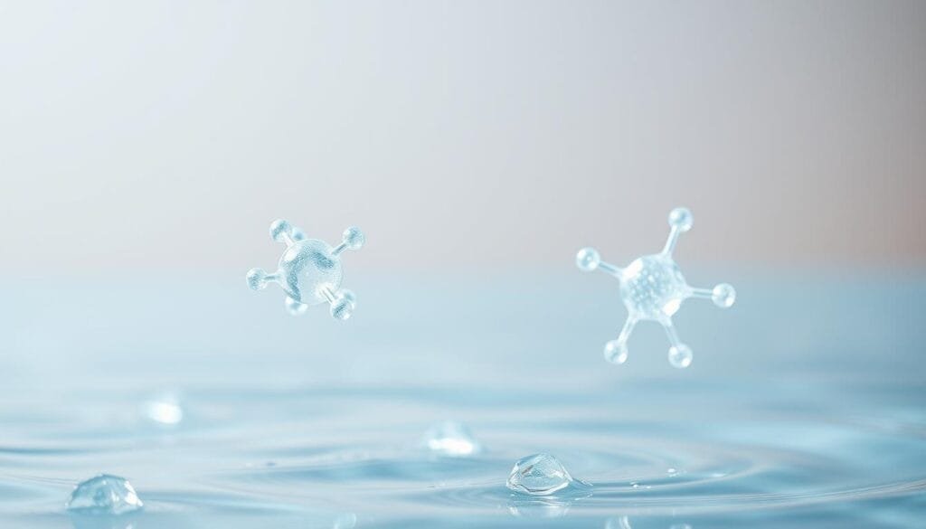 A crystalline molecular structure of hydrogen atoms, glowing with an ethereal luminescence, stands as the focal point of the composition. In the foreground, the hydrogen molecules are depicted in dynamic motion, evoking a sense of athletic performance and physical prowess. The middle ground features a serene, water-like backdrop, symbolizing the integration of hydrogen water into the wellness concept. Soft, diffused lighting casts a warm, soothing glow across the scene, creating an atmosphere of tranquility and rejuvenation. The overall impression is one of scientific elegance, natural vitality, and the profound health benefits of hydrogen water.