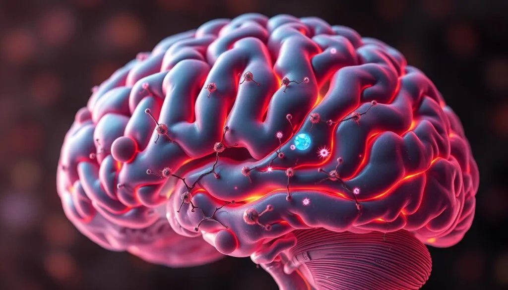 A detailed anatomical cross-section of the human brain, with a dynamic interplay of oxidative stress and neuroprotective mechanisms. In the foreground, a network of neurons and glial cells, highlighted by vibrant hues of red and orange, denoting the presence of reactive oxygen species. In the middle ground, delicate mitochondria dotting the landscape, their activities visible through subtle energy emanations. In the background, a tranquil, muted palette suggests the calming influence of antioxidant pathways, such as those activated by molecular hydrogen. Crisp, high-resolution rendering, with a depth of field that draws the viewer's attention to the intricate interplay between oxidative stress and brain health. A detailed anatomical cross-section of the human brain, with a dynamic interplay of oxidative stress and neuroprotective mechanisms. In the foreground, a network of neurons and glial cells, highlighted by vibrant hues of red and orange, denoting the presence of reactive oxygen species. In the middle ground, delicate mitochondria dotting the landscape, their activities visible through subtle energy emanations. In the background, a tranquil, muted palette suggests the calming influence of antioxidant pathways, such as those activated by molecular hydrogen. Crisp, high-resolution rendering, with a depth of field that draws the viewer's attention to the intricate interplay between oxidative stress and brain health.