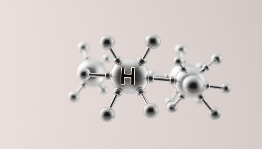A detailed, close-up view of molecular hydrogen gas, showcasing its molecular structure and scientific significance. The hydrogen molecules are rendered with precision, their delicate bonds and orbiting electrons visible in a soft, diffused lighting. The background is a muted, neutral palette, allowing the hydrogen structure to take center stage. The overall composition conveys a sense of scientific exploration and the essential role of hydrogen in various natural processes and technological applications.