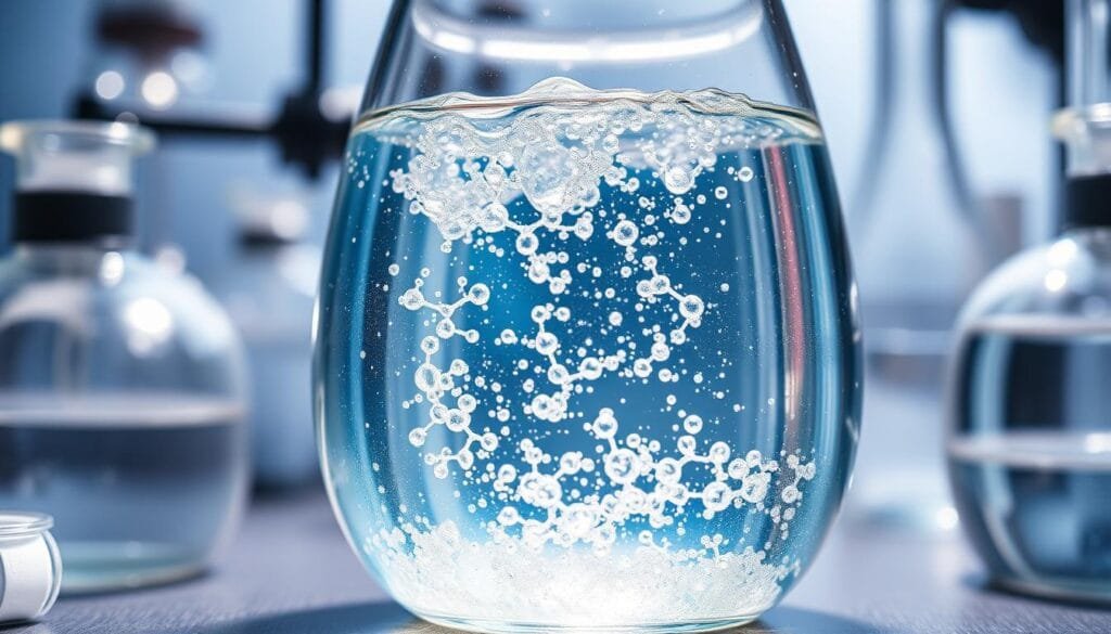 A detailed cross-section of a glass laboratory beaker filled with shimmering, effervescent hydrogen-rich water. The liquid glows with a soft, iridescent hue, surrounded by a hazy, atmospheric backdrop of scientific equipment and glassware. Bright, directional lighting illuminates the intricate molecular structures within the water, revealing the complex interplay of hydrogen and oxygen atoms. The overall scene conveys a sense of scientific inquiry, the pursuit of understanding the fundamental properties and potential health benefits of this innovative, therapeutic water treatment.