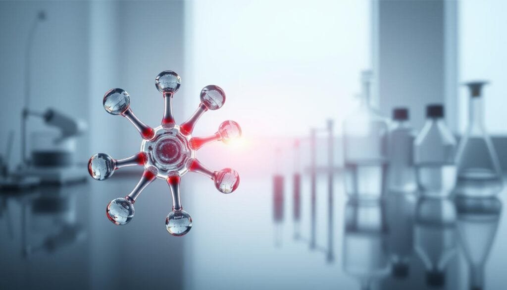 A detailed cross-section of a hydrogen water molecule, showcased in a sleek, scientific illustration. The foreground features the molecular structure, with vibrant hydrogen and oxygen atoms intricately connected. In the middle ground, a prismatic light spectrum emanates, revealing the energetic properties of the hydrogen-infused water. The background depicts a serene, minimalist laboratory setting, with subtle equipment and glassware hinting at the rigorous research behind this innovative wellness concept. Crisp lighting and a shallow depth of field create a sense of focus and professionalism, perfectly complementing the subject matter.
