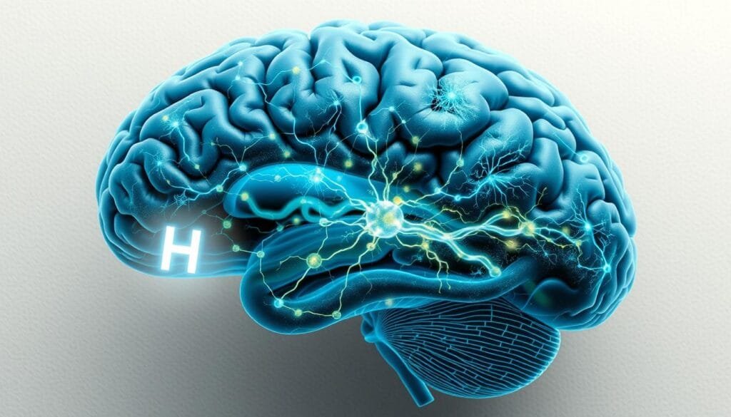 A detailed cross-section of the human brain, showcasing the intricate neurological structures and pathways. In the foreground, a glowing hydrogen molecule symbolizes its crucial role in antioxidant processes, while neural networks in various hues of blue and green radiate outward, representing the rejuvenating and protective effects of hydrogen on the nervous system. The middle ground depicts a dynamic interplay of synaptic connections, firing neurons, and delicate capillaries, all bathed in a soft, diffused lighting that evokes a sense of balance and tranquility. In the background, a neutral, textured backdrop provides a clean, minimalist canvas to highlight the subject matter. The overall composition conveys the profound impact of hydrogen on neurological health and function.