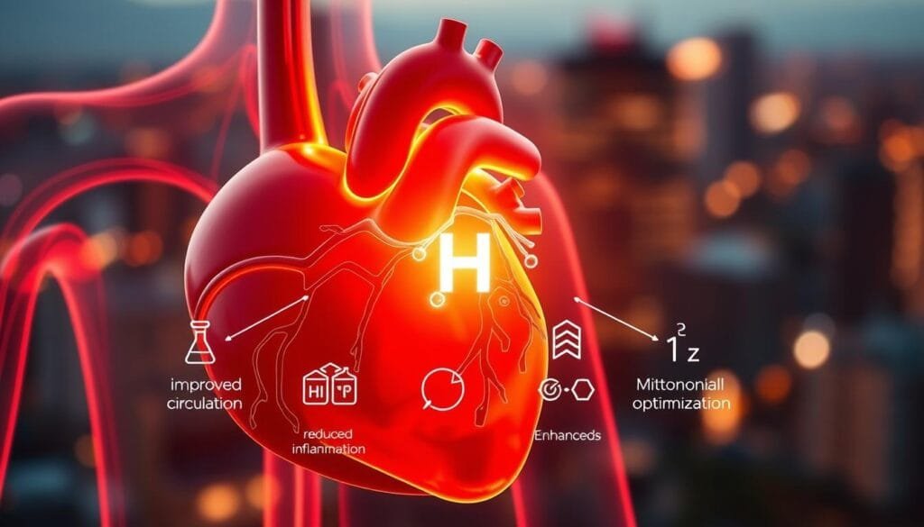 A detailed, high-resolution image of the benefits of molecular hydrogen for the heart. In the foreground, a cross-section of a healthy human heart, with a glowing molecular hydrogen structure overlaying it, symbolizing the cardioprotective effects. In the middle ground, a series of illustrated icons depicting the key benefits - improved circulation, reduced inflammation, enhanced antioxidant defenses, and mitochondrial optimization. In the background, a subtly blurred cityscape, conveying the everyday lifestyle and environment that molecular hydrogen can help support. The scene is lit by a warm, soft light, creating a calming, informative atmosphere. Captured with a shallow depth of field using a high-quality camera lens.