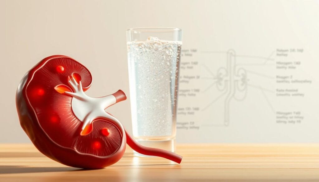 A detailed, high-resolution medical illustration depicting diabetic nephropathy with a focus on the beneficial effects of hydrogen-infused water. In the foreground, a section of the kidney is shown, with highlighted areas of damage from diabetes. In the middle ground, a glass of clear, sparkling water symbolizes the hydrogen-rich treatment. The background features a minimalist, monochromatic medical diagram highlighting the kidney's anatomy and the physiological changes associated with diabetic kidney disease. Soft, natural lighting casts a warm, clinical glow, conveying a sense of hope and healing. The composition is balanced, with a harmonious color palette and precise attention to anatomical accuracy, emphasizing the potential of hydrogen water to protect and restore kidney function.