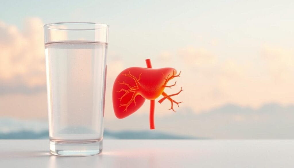 A detailed illustration of the beneficial effects of a healthy liver. In the foreground, a translucent glass of crystal clear hydrogen-infused water, casting a soft, diffused glow. In the middle ground, a vibrant, three-dimensional liver, its intricate structure glowing with a warm, amber hue, symbolizing its vital role in the body's detoxification processes. The background features a serene, minimalist landscape, with soft, wispy clouds and a muted, pastel color palette, conveying a sense of calm and balance. The overall composition exudes a soothing, therapeutic atmosphere, highlighting the synergistic relationship between hydrogen water and optimal liver function.