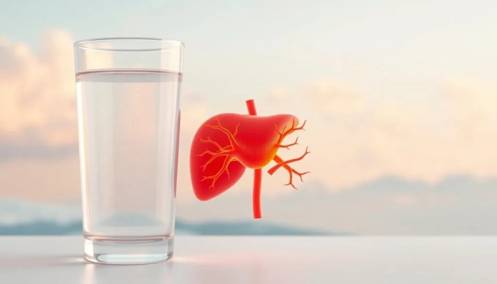 A detailed illustration of the beneficial effects of a healthy liver. In the foreground, a translucent glass of crystal clear hydrogen-infused water, casting a soft, diffused glow. In the middle ground, a vibrant, three-dimensional liver, its intricate structure glowing with a warm, amber hue, symbolizing its vital role in the body's detoxification processes. The background features a serene, minimalist landscape, with soft, wispy clouds and a muted, pastel color palette, conveying a sense of calm and balance. The overall composition exudes a soothing, therapeutic atmosphere, highlighting the synergistic relationship between hydrogen water and optimal liver function. A detailed illustration of the beneficial effects of a healthy liver. In the foreground, a translucent glass of crystal clear hydrogen-infused water, casting a soft, diffused glow. In the middle ground, a vibrant, three-dimensional liver, its intricate structure glowing with a warm, amber hue, symbolizing its vital role in the body's detoxification processes. The background features a serene, minimalist landscape, with soft, wispy clouds and a muted, pastel color palette, conveying a sense of calm and balance. The overall composition exudes a soothing, therapeutic atmosphere, highlighting the synergistic relationship between hydrogen water and optimal liver function.