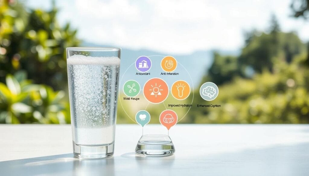 A detailed illustration of the health benefits of hydrogen water. In the foreground, a serene, crystal-clear glass of sparkling, mineral-rich hydrogen water, with delicate bubbles rising to the surface. In the middle ground, a collage of vibrant icons representing the key benefits: antioxidant properties, anti-inflammatory effects, improved hydration, and enhanced cognitive function. In the background, a soft, ethereal landscape with verdant foliage and a calming, blue-hued sky, conveying a sense of well-being and balance. The lighting is natural and diffused, creating a warm, inviting atmosphere. Captured with a wide-angle lens to emphasize the harmonious composition of the scene.