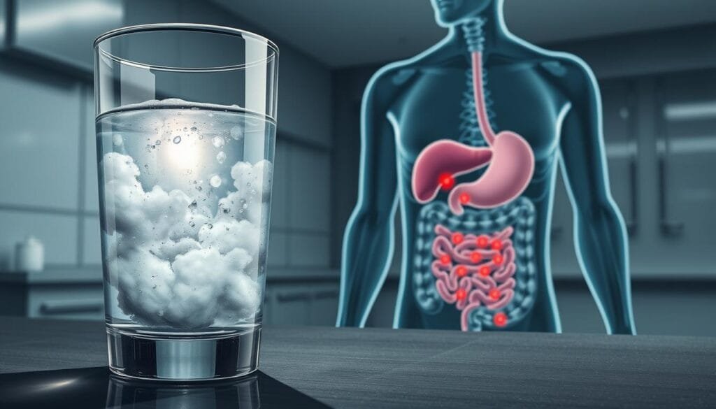 A detailed medical illustration showcasing the health implications of cloudy hydrogen water. In the foreground, a transparent glass filled with cloudy, murky liquid, casting an ominous shadow. In the middle ground, a cross-section of the human digestive system, highlighting areas of inflammation and irritation. In the background, a clinical, sterile environment with muted lighting, conveying the seriousness of the subject matter. The overall mood is one of concern and caution, urging the viewer to consider the potential risks of consuming cloudy hydrogen water.