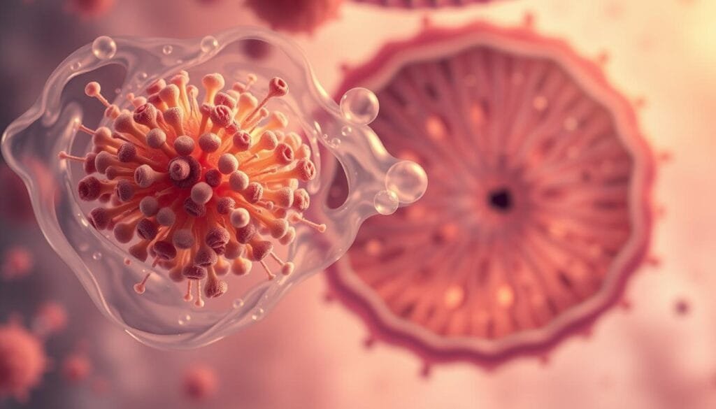 A detailed, microscopic view of the human gut microbiome, showcasing the intricate interactions between gut bacteria and molecular hydrogen. In the foreground, a cluster of diverse gut microbiota species, each with distinct shapes and colors, surrounded by a swirling, translucent cloud of molecular hydrogen gas. The middle ground features a cross-section of the intestinal lining, revealing the dense network of microvilli and epithelial cells that interface with the gut microbiome. In the background, a soft, ethereal glow illuminates the scene, conveying the delicate balance and symbiotic relationship between the gut microbiome and molecular hydrogen. The lighting is warm and diffused, creating a serene, almost dreamlike atmosphere. Captured with a high-resolution, wide-angle lens to emphasize the complexity and interconnectedness of this vital biological system.