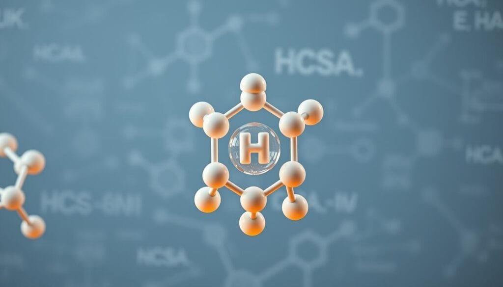 A detailed molecular structure of hydrogen atoms, with a clean and sophisticated aesthetic. In the foreground, a central molecular model composed of white spheres and grey bonds, illuminated by soft, warm lighting. In the middle ground, a backdrop of abstract scientific diagrams, graphs, and formulas in muted blues and greys, conveying the complex theories behind hydrogen's unique properties. The overall composition should have a sense of depth, balance, and visual harmony, reflecting the intricate science behind the wellness benefits of hydrogen water.