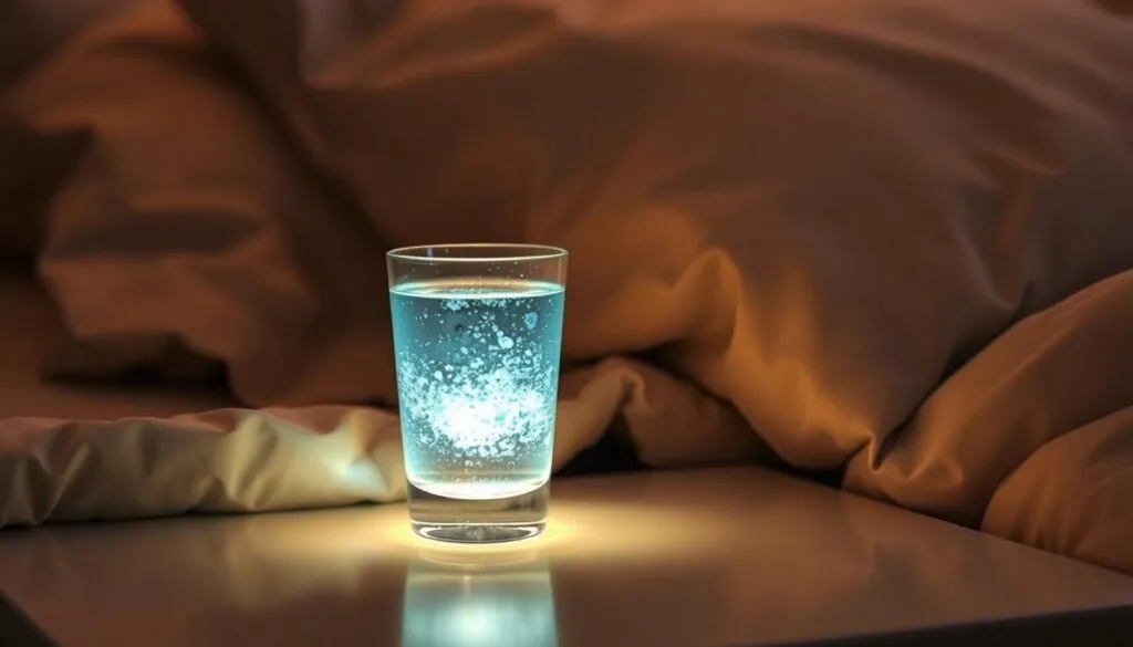 A dimly lit bedside table with a glass of crystalline, glowing blue-green water resting upon it. The liquid appears to emit a soft, radiant luminescence, hinting at its unique properties. The glass is set against a backdrop of plush, inviting bedding - soft, neutral-toned sheets and a cozy duvet. The scene is bathed in a warm, gentle glow, creating a serene, calming atmosphere conducive to restful sleep. The image conveys the idea of hydrogen-infused water as a natural, soothing sleep aid.