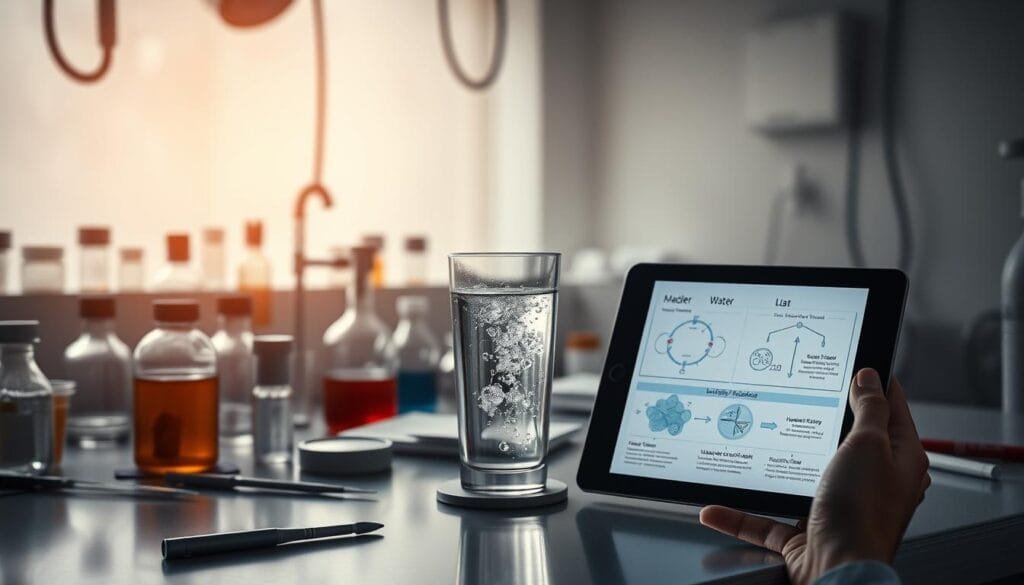 A dimly lit medical laboratory, with test tubes, beakers, and scientific instruments scattered across the counter. In the foreground, a transparent glass of hydrogen-infused water rests among the equipment, its bubbles gently rising to the surface. Alongside it, a hand holds a tablet displaying medical diagrams and data, highlighting potential side effects and safety concerns. The background is hazy, with a sense of unease and uncertainty, as if the full implications of this new treatment are not yet fully understood.