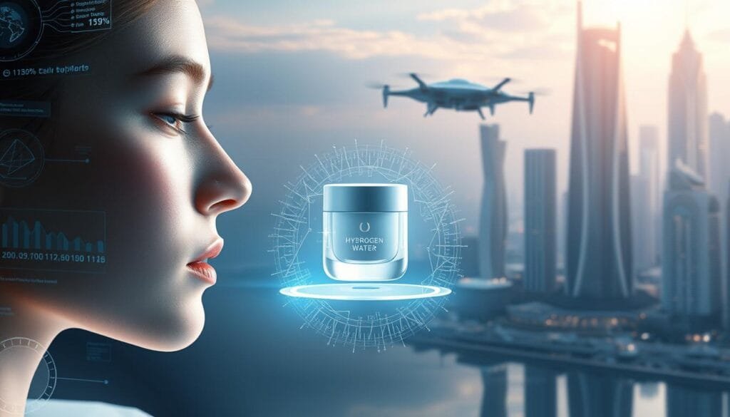 A futuristic, hyper-realistic scene showcasing the potential of hydrogen water in skincare. In the foreground, a model's face is illuminated by a soft, diffused light, their skin glowing with a healthy, luminous radiance. Surrounding the model, holographic projections display data visualizations and scientific diagrams, hinting at the advanced technologies used to harness the power of hydrogen water. In the middle ground, an elegant, minimalist skincare container levitates, its sleek design suggesting a seamless integration of cutting-edge science and luxurious aesthetics. The background depicts a serene, futuristic cityscape, with towering, gleaming skyscrapers and hovercraft silently traversing the sky, symbolizing the advancements that will shape the future of skincare. The overall mood is one of wonder, innovation, and the promise of transformative skincare solutions.