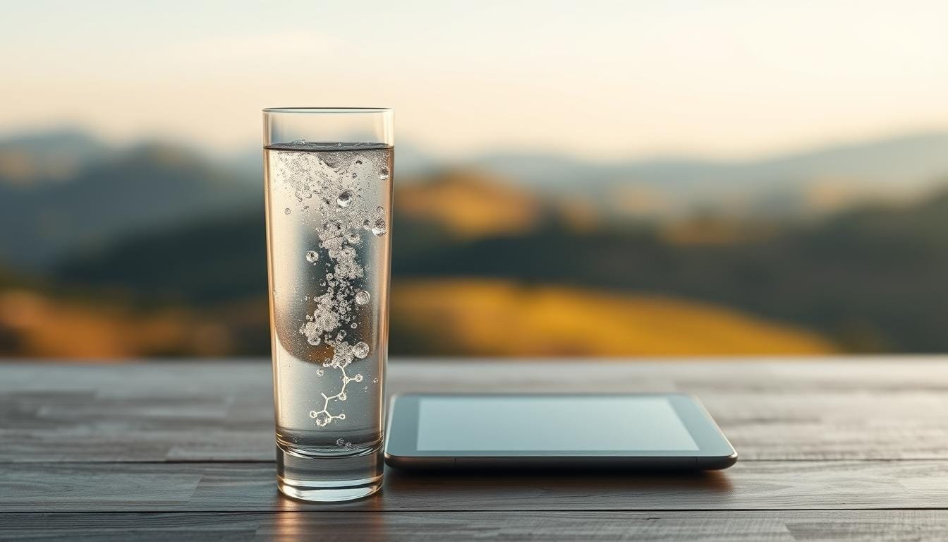 A glass of crystal-clear hydrogen-infused water stands in the foreground, its gentle bubbles reflecting the warm, soft lighting. In the midground, a tablet with a gastric acid molecule model hovers, symbolizing the potential effects of hydrogen water on acid reflux. The background features a soothing, blurred landscape of rolling hills, evoking a sense of natural balance and wellness. The overall scene conveys a thoughtful, investigative mood, inviting the viewer to consider the relationship between hydrogen water and gastrointestinal health.