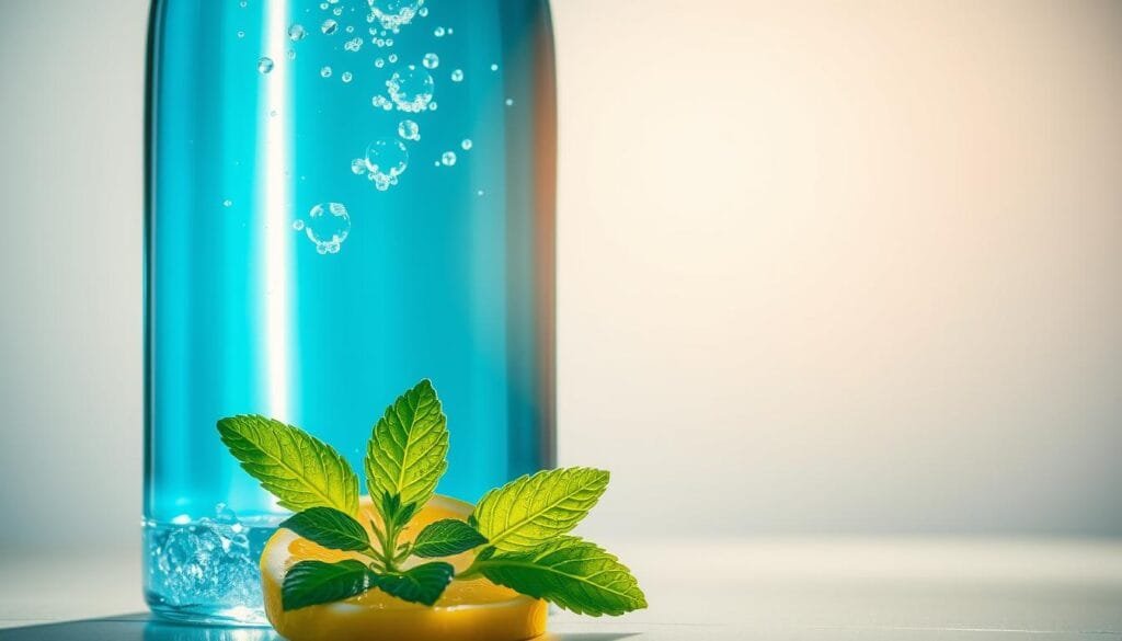 A gleaming glass water bottle filled with vibrant, azure-hued liquid. The bottle is backlit, casting a warm glow and highlighting the delicate bubbles suspended within the water. In the foreground, a sprig of fresh mint leaves and a few slices of lemon gracefully float, adding a touch of natural elegance. The background is softly blurred, drawing the viewer's focus to the captivating centerpiece - the hydrogen-infused water, a symbol of health and wellness. Crisp, natural lighting casts subtle shadows, accentuating the bottle's sleek, modern design. The overall scene exudes a sense of purity, vitality, and the promise of the restorative benefits of hydrogen-rich water.