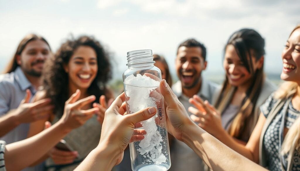 A group of people enthusiastically engaging with a sleek, modern-looking hydrogen water bottle made of translucent Tritan material. In the foreground, hands reach out to open the bottle's cap, revealing the bubbling, oxygenated water within. The middle ground showcases the bottle's ergonomic design and subtle branding, while the background depicts a serene, nature-inspired setting, evoking a sense of wellness and hydration. The lighting is soft and natural, highlighting the bottle's transparency and the users' expressions of delight. The overall atmosphere conveys a positive, rejuvenating experience with the innovative Tritan material hydrogen water bottle.