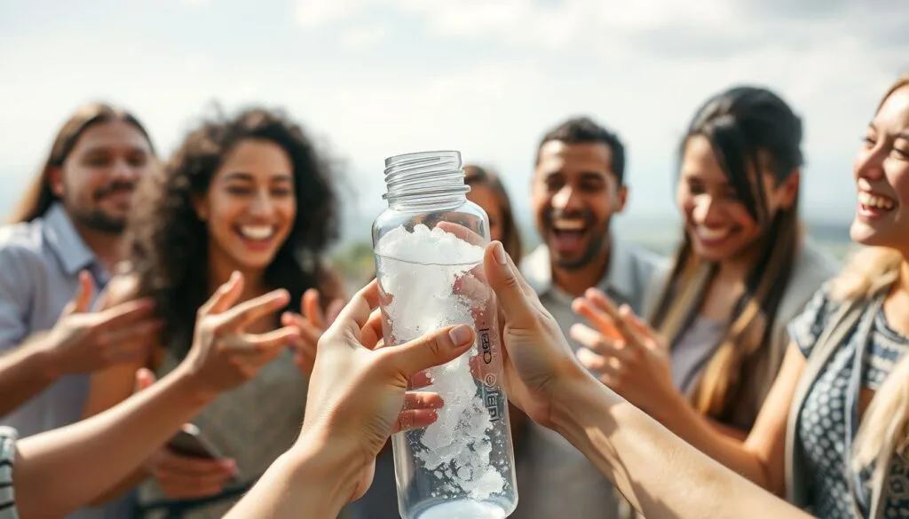 A group of people enthusiastically engaging with a sleek, modern-looking hydrogen water bottle made of translucent Tritan material. In the foreground, hands reach out to open the bottle's cap, revealing the bubbling, oxygenated water within. The middle ground showcases the bottle's ergonomic design and subtle branding, while the background depicts a serene, nature-inspired setting, evoking a sense of wellness and hydration. The lighting is soft and natural, highlighting the bottle's transparency and the users' expressions of delight. The overall atmosphere conveys a positive, rejuvenating experience with the innovative Tritan material hydrogen water bottle.