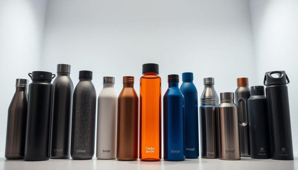 A high-quality studio photograph showcasing the top hydrogen water bottle brands. In the foreground, arrange a carefully curated selection of the most prominent and best-selling hydrogen water bottles, each meticulously lit to highlight their sleek designs and premium materials. In the middle ground, a clean and minimalist backdrop, perhaps a plain white or light gray surface, allows the products to take center stage. The lighting is soft and diffused, creating an elegant, professional atmosphere. The camera angle is slightly elevated, giving the viewer a perspective that emphasizes the products' visual appeal and quality. The overall composition is balanced, drawing the eye to the featured hydrogen water bottles and conveying a sense of authority and expertise in the category.