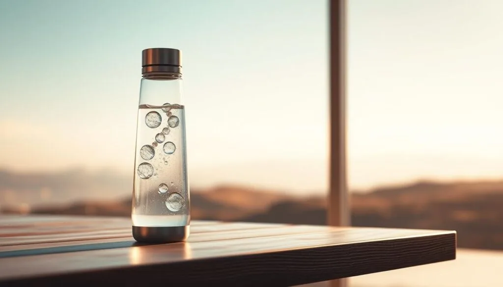 A hydrogen water bottle with a sleek, futuristic design sits on a minimalist wooden table, bathed in warm, natural lighting. The bottle's transparent body reveals the gentle swirling of hydrogen-infused water, while the metallic accents gleam subtly. In the background, a serene, blurred landscape hints at the bottle's travel-friendly nature. The overall scene conveys a sense of wellness, innovation, and the practical application of hydrogen water technology for on-the-go hydration. A hydrogen water bottle with a sleek, futuristic design sits on a minimalist wooden table, bathed in warm, natural lighting. The bottle's transparent body reveals the gentle swirling of hydrogen-infused water, while the metallic accents gleam subtly. In the background, a serene, blurred landscape hints at the bottle's travel-friendly nature. The overall scene conveys a sense of wellness, innovation, and the practical application of hydrogen water technology for on-the-go hydration.
