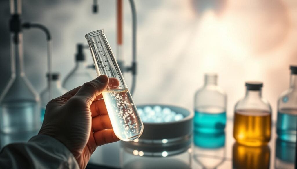 A laboratory setting with scientific apparatus and a petri dish filled with a glowing, ethereal liquid representing hydrogen water. Rays of light filter through the liquid, illuminating its tranquil yet impactful presence. In the foreground, a scientist's hand holds a test tube, drawing the viewer's attention to the transformative properties of this innovative water solution. The background is shrouded in a soft, hazy ambiance, emphasizing the calming and restorative nature of hydrogen water's impact on oxidative stress. The overall composition conveys a sense of scientific discovery and the potential for wellness enhancement through this remarkable hydrotherapeutic approach.