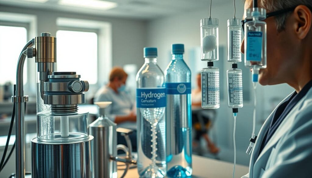 A laboratory setting with various hydrogen administration methods, including a hydrogen inhalation device, hydrogen-rich water bottles, and a hydrogen-infused IV drip. The scene is bathed in a warm, natural lighting, creating a calming and therapeutic atmosphere. Stainless steel and glass equipment are prominently displayed, conveying a sense of modern, high-tech medical innovation. The foreground features a doctor or researcher closely examining the hydrogen devices, while the middle ground showcases patients using the different hydrogen therapies. The background is slightly blurred, focusing the viewer's attention on the central medical procedures.