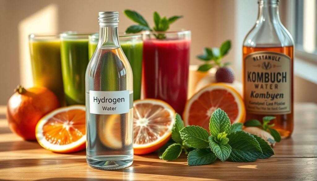 A meticulously composed still life showcasing a vibrant arrangement of health drinks. In the foreground, a sleek glass bottle of crystal-clear hydrogen water rests atop a wooden surface, its minimalist label reflecting the natural light filtering in from the left. Surrounding it, an array of tempting alternatives - a vibrant green smoothie, a ruby-red fruit juice, and a fizzing kombucha in a vintage bottle. The middle ground features complementary elements, such as fresh citrus slices, leafy greens, and a sprig of mint, creating a visually balanced and harmonious composition. The background is softly blurred, allowing the drinks to take center stage and inviting the viewer to compare and contrast their unique properties and benefits. Warm, natural lighting casts subtle shadows, highlighting the textures and transparency of the various liquids. An elegant, high-quality image that captures the essence of the "Comparing Hydrogen Water to Other Health Drinks" section.
