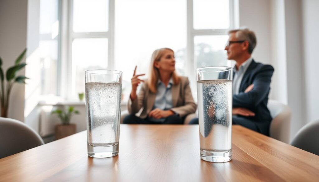 A modern, minimalist consultation room with clean, white walls and natural light streaming in through large windows. In the foreground, a wooden table with a glass of crystal-clear, sparkling water takes center stage. Two people, a doctor and a patient, are engaged in a thoughtful discussion, their gestures and expressions conveying the importance of the topic at hand - the wellness benefits of hydrogen-infused water. The room's atmosphere is serene and tranquil, reflecting the calming nature of the subject matter. The lighting is soft and diffused, creating a warm, inviting ambiance. The overall scene evokes a sense of trust, expertise, and the promise of improved health through this innovative wellness concept.
