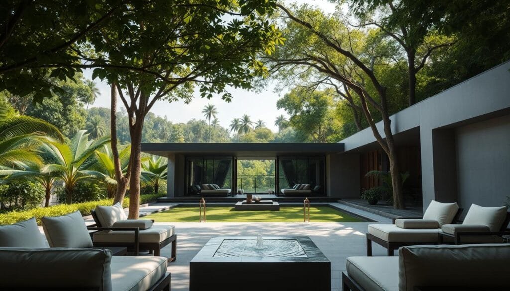 A modern, well-equipped wellness center set against the lush, tropical landscape of Malaysia. In the foreground, a serene outdoor lounge area with plush seating and a central water feature, perhaps a tranquil pool or fountain. The middle ground showcases the sleek, minimalist architecture of the wellness facility, with large windows and clean lines that blend seamlessly with the natural surroundings. In the background, a verdant, sun-dappled forest canopy frames the scene, creating a calming, rejuvenating atmosphere. Soft, diffused lighting illuminates the space, accentuating the natural materials and textures. The overall impression is one of relaxation, wellness, and a partnership between the facility and its environment.