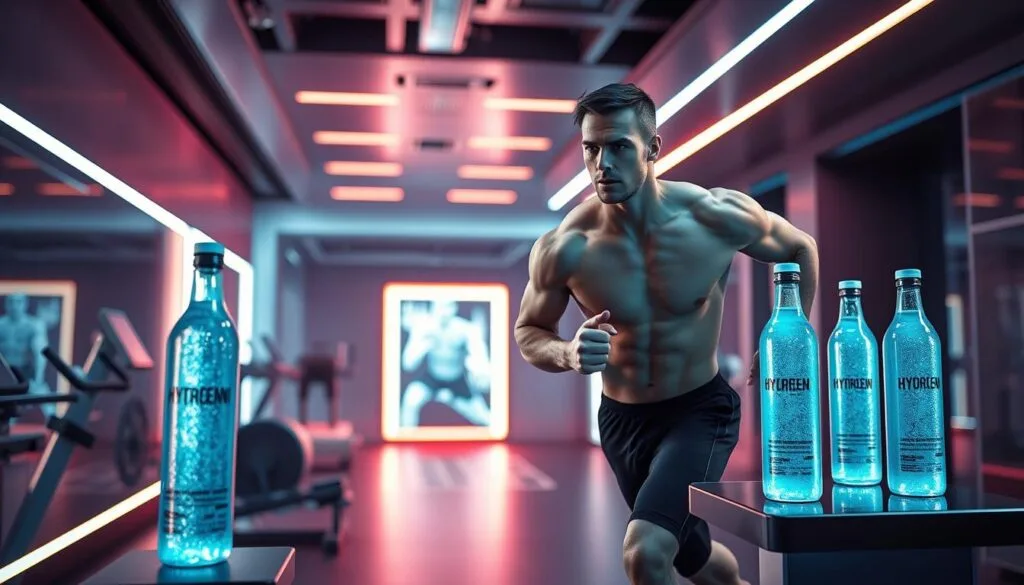 A muscular athlete in motion, engaged in a high-intensity workout, surrounded by a vibrant, futuristic environment. The foreground features the athlete, their toned physique and powerful movements captured mid-stride, their face determined and focused. The middle ground showcases sleek, streamlined exercise equipment and a hydration station offering bottles of shimmering, azure-hued hydrogen water. The background is a sleek, minimalist setting with clean lines, holographic displays, and a pulsing, neon-tinged ambiance, conveying a sense of advanced technology and performance enhancement. Dramatic, cool-toned lighting accentuates the scene, creating deep shadows and highlights that emphasize the athlete's athleticism and the alluring properties of the hydrogen water. A muscular athlete in motion, engaged in a high-intensity workout, surrounded by a vibrant, futuristic environment. The foreground features the athlete, their toned physique and powerful movements captured mid-stride, their face determined and focused. The middle ground showcases sleek, streamlined exercise equipment and a hydration station offering bottles of shimmering, azure-hued hydrogen water. The background is a sleek, minimalist setting with clean lines, holographic displays, and a pulsing, neon-tinged ambiance, conveying a sense of advanced technology and performance enhancement. Dramatic, cool-toned lighting accentuates the scene, creating deep shadows and highlights that emphasize the athlete's athleticism and the alluring properties of the hydrogen water.