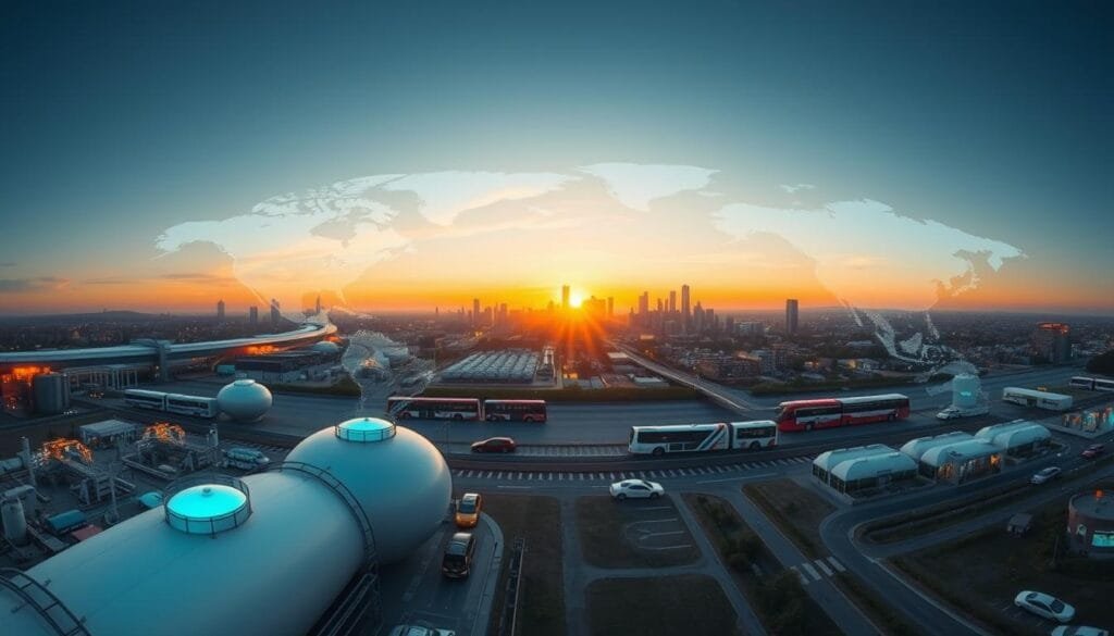 A panoramic view of a global map, showcasing the international adoption and distribution of hydrogen infrastructure. In the foreground, a series of hydrogen production facilities, storage tanks, and fueling stations dot the landscape, demonstrating the interconnected nature of the hydrogen ecosystem. The middle ground features major cities and transportation hubs, highlighted by the presence of hydrogen-powered vehicles, from cars to buses and trains. In the background, a vibrant skyline is illuminated by the warm glow of a setting sun, casting a serene and futuristic atmosphere. The scene is captured with a wide-angle lens, creating a sense of scale and emphasizing the worldwide scope of the hydrogen revolution. Soft, diffused lighting enhances the overall tone, conveying a vision of a sustainable, energy-efficient future.