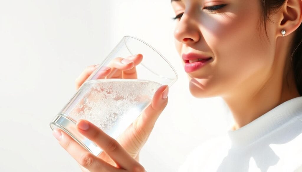 A person enjoying a glass of clear, sparkling hydrogen-infused water against a serene, minimalist background. Bright, natural lighting illuminates the scene, casting gentle shadows and highlights on the subject's face and hands. The glass has a sleek, modern design, reflecting the liquid's effervescent bubbles. The person's expression conveys a sense of tranquility and mindfulness, highlighting the wellness benefits of incorporating hydrogen water into one's daily routine.