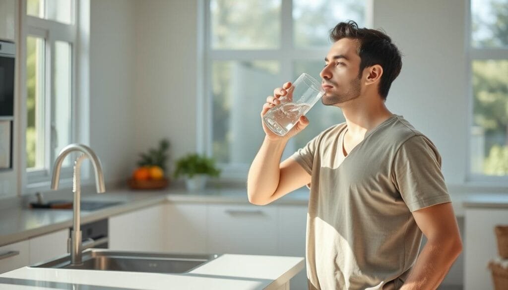 A person in a well-lit, modern kitchen, casually drinking from a glass filled with clear, bubbling water, while standing next to a sleek, stainless-steel countertop. The individual wears a comfortable, casual outfit, conveying a sense of relaxation and mindfulness. The kitchen features minimalist decor, with natural light streaming in from large windows, creating a serene and peaceful atmosphere. A healthy, vibrant plant sits on the counter, adding a touch of greenery to the scene. The person's expression reflects a sense of contentment and well-being, suggesting the positive effects of incorporating hydrogen water into their daily routine.