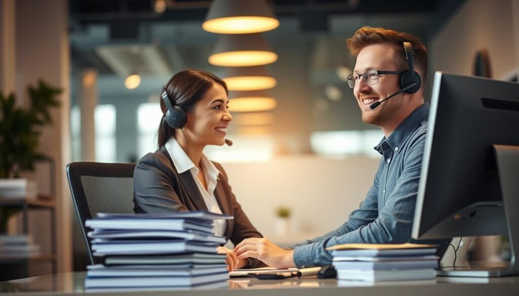 A professional customer service representative seated at a neatly organized desk, illuminated by a warm, inviting overhead light. The desk features a sleek, modern desktop computer, a headset, and a stack of organized files, conveying an efficient and proactive approach to support. The background blurs softly, placing emphasis on the representative's friendly, attentive expression as they engage with a customer on the phone, embodying the brand's commitment to personalized, responsive assistance.