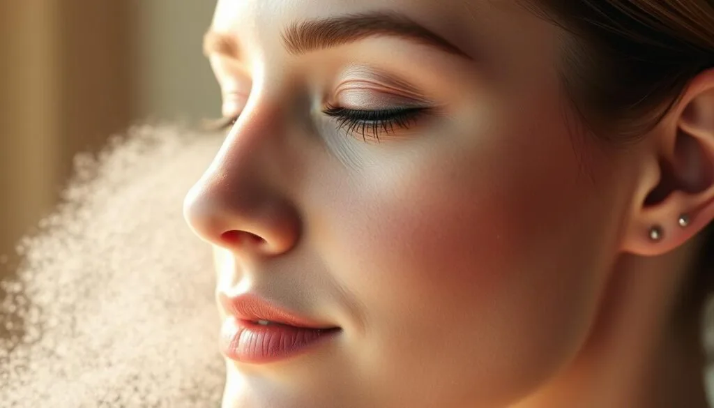 A serene and elegant close-up photograph of a woman's face being gently misted with a fine, translucent facial mist. The mist envelops her visage, creating a softening, hydrating effect. Soft, natural lighting from the side casts a warm, glowing quality on her skin. The background is blurred, keeping the focus on the central subject. The woman's expression is calm and relaxed, exuding a sense of tranquility and rejuvenation. The image conveys the soothing and nourishing benefits of the facial mist, in line with the "Practical Applications of Hydrogen Water in Skincare" theme.