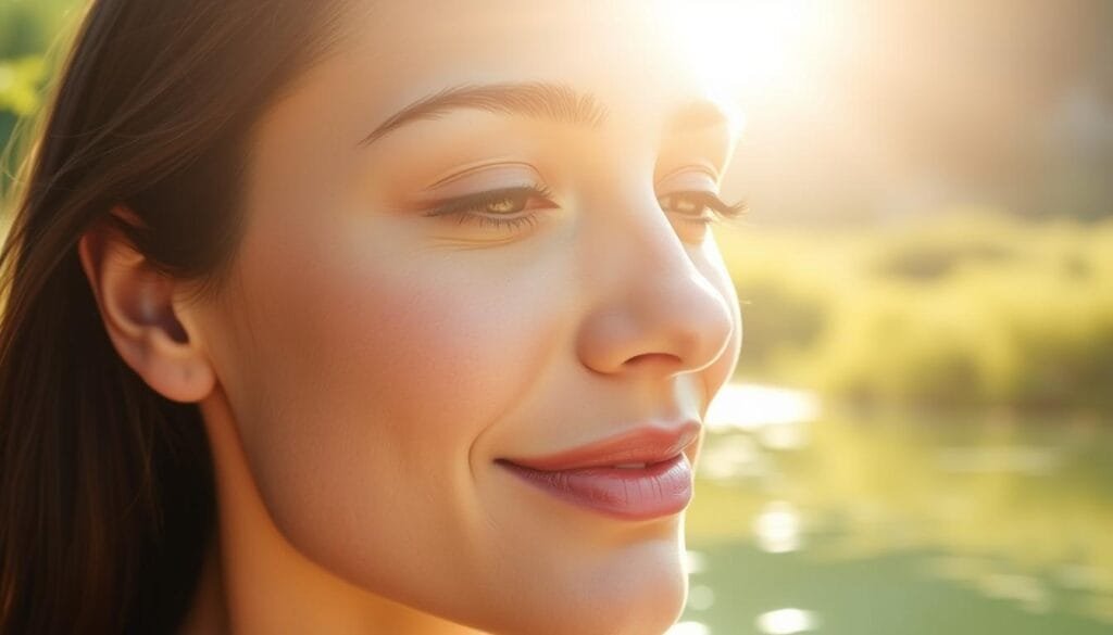 A serene and glowing close-up of a woman's radiant face, illuminated by soft, natural lighting. The skin appears hydrated, smooth, and youthful, with a healthy luminous glow. In the background, a tranquil natural setting with lush greenery and a calming body of water, symbolizing the rejuvenating properties of hydrogen-rich water. The image conveys a sense of inner peace, vitality, and the profound benefits of hydrogen water for skin health and overall wellbeing.
