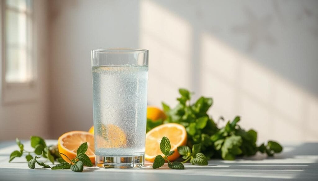 A serene and inviting scene depicting the health benefits of hydrogen water. In the foreground, a transparent glass filled with clear, sparkling water, gently illuminated by natural sunlight streaming through a window. Surrounding the glass, an arrangement of fresh, organic ingredients associated with the beneficial properties of hydrogen water - leafy greens, citrus fruits, and perhaps a sprig of mint. In the middle ground, a calming and minimalist background, with subtle textures and neutral tones that create a sense of tranquility. The lighting is soft and diffused, casting a warm, inviting glow on the scene. The overall composition is balanced and visually pleasing, conveying the potential wellness and rejuvenation that hydrogen water can provide.
