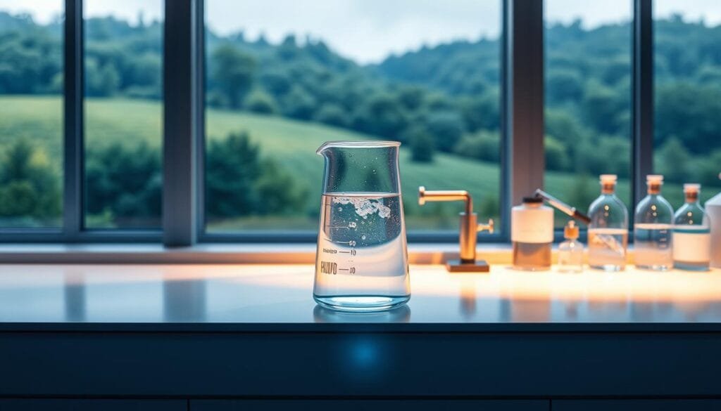 A serene and tranquil laboratory setting with a central focus on a glass beaker containing a luminescent, iridescent liquid symbolizing hydrogen-rich water. The beaker is positioned on a sleek, modern counter, bathed in warm, diffused lighting that casts a soft glow, highlighting the subtle movements and bubbles within the liquid. In the background, a view of a lush, verdant landscape through large windows conveys a sense of natural harmony, complementing the scientific apparatus. The overall atmosphere is one of calm contemplation, suggesting the potential of this innovative water for cancer treatment and wellness.