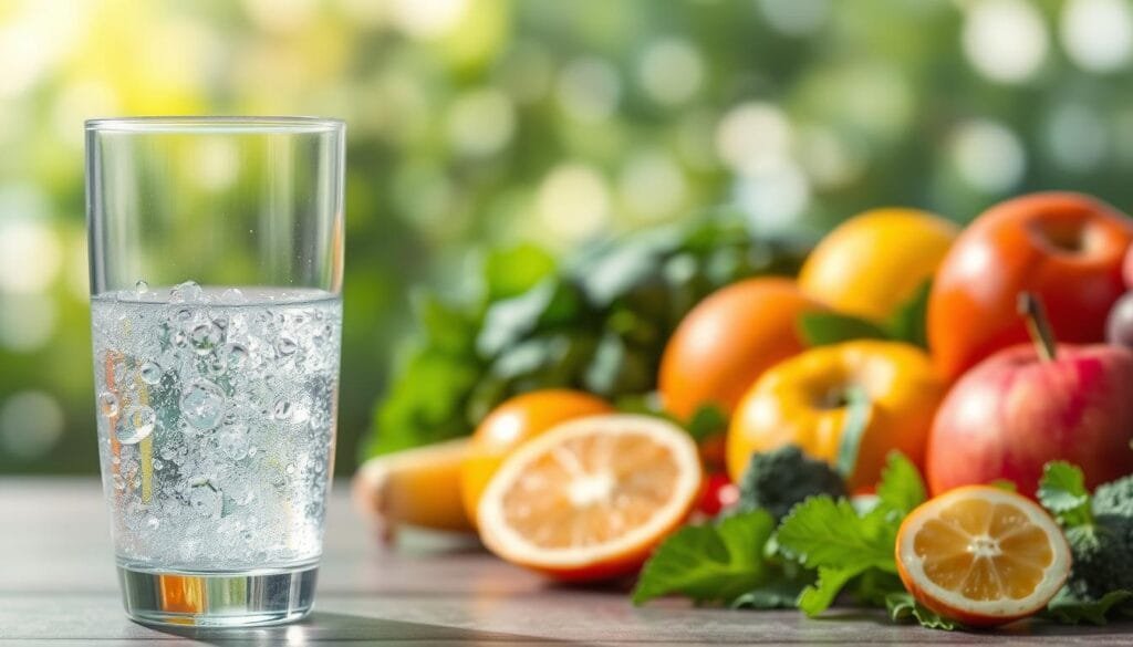 A serene and tranquil scene depicting the benefits of hydrogen water. In the foreground, a transparent glass filled with shimmering, effervescent water, with delicate hydrogen bubbles gently rising to the surface. In the middle ground, an arrangement of fresh, vibrant fruits and vegetables - such as apples, oranges, spinach, and broccoli - symbolizing the nutritional value and antioxidant properties of hydrogen-rich water. The background features a calming, nature-inspired setting, with soft lighting filtering through lush greenery, conveying a sense of wellness and vitality. The overall composition exudes a soothing, inviting atmosphere, capturing the essence of how hydrogen water can enhance daily life and well-being.