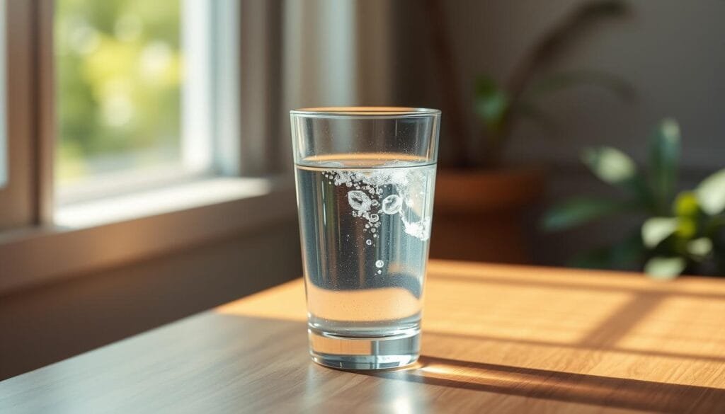 A serene and vibrant scene depicting a glass of crystal-clear hydrogen-infused water, resting on a minimalist wooden table. The water's gentle bubbles and shimmering surface capture the essence of mental clarity and focus. Soft, natural lighting filters through a window, casting a warm, therapeutic glow over the scene. In the background, a harmonious blend of soothing greens and earthy tones creates a calming, zen-inspired atmosphere, evoking a sense of balance and mental well-being. The entire composition conveys the revitalizing and rejuvenating properties of hydrogen water, inviting the viewer to experience its transformative benefits.
