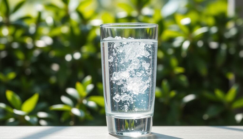 A serene, bright, and inviting scene featuring a glass filled with crystal-clear, shimmering hydrogen-rich water against a backdrop of lush green foliage. The water appears to have a subtle, ethereal glow, illuminated by soft, diffused natural lighting filtering through an airy, minimalist setting. The composition highlights the purity and healthful properties of the hydrogen-infused liquid, conveying a sense of wellness, vitality, and balance. The overall aesthetic is clean, modern, and visually appealing, reflecting the topic of "Hydrogen Water and Its Role in Health".