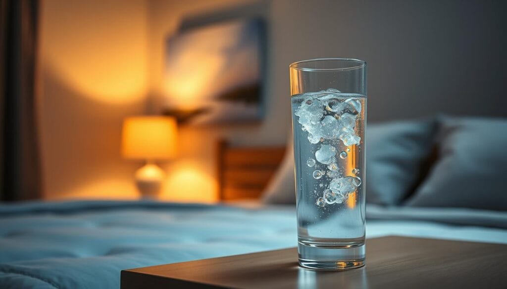 A serene, dimly lit bedroom with a glass of crystal-clear hydrogen-infused water on a bedside table. Soft, warm lighting casts a soothing glow, highlighting the gentle bubbles rising in the water. In the background, a tranquil landscape painting exudes a sense of calm. The overall atmosphere evokes a feeling of relaxation and rejuvenation, inviting the viewer to experience the restorative benefits of hydrogen water for a restful night's sleep.