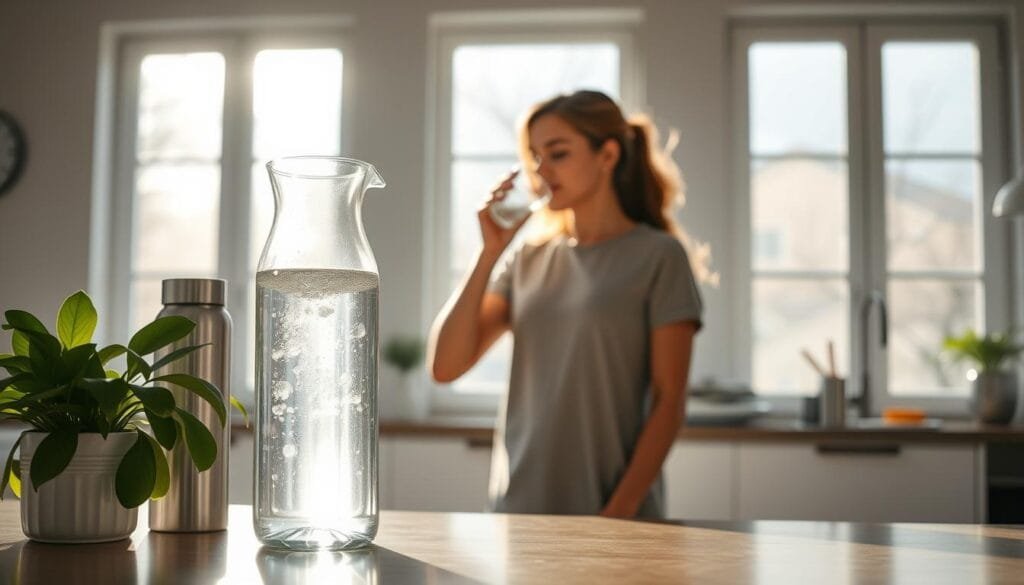 A serene kitchen setting, bathed in soft natural light streaming through large windows. In the foreground, a glass pitcher filled with crystal clear hydrogen-infused water takes center stage, accompanied by a vibrant green plant and a stainless steel water bottle. The middle ground showcases a person casually sipping from a glass of the hydrogen water, their expression one of calm and rejuvenation. In the background, a modern-style kitchen counter with minimalist decor and a few kitchen utensils, all conveying a sense of simplicity and wellness. The overall atmosphere is one of tranquility and integration of hydrogen water into a daily self-care routine.