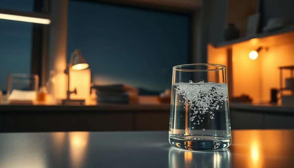 A serene laboratory setting, dimly lit with warm, soft lighting. In the foreground, a glass beaker filled with sparkling, translucent hydrogen-infused water rests on a sleek, modern workbench. Microscopic hydrogen bubbles gently rise to the surface, creating a mesmerizing display. In the middle ground, scientific equipment and reference materials suggest an ongoing exploration of the sleep-enhancing properties of this innovative hydration solution. The background depicts a soothing, dreamlike landscape, hinting at the restorative benefits of hydrogen water consumption before bedtime. The overall atmosphere evokes a sense of scientific curiosity, tranquility, and the promise of a restful, rejuvenating night's sleep.