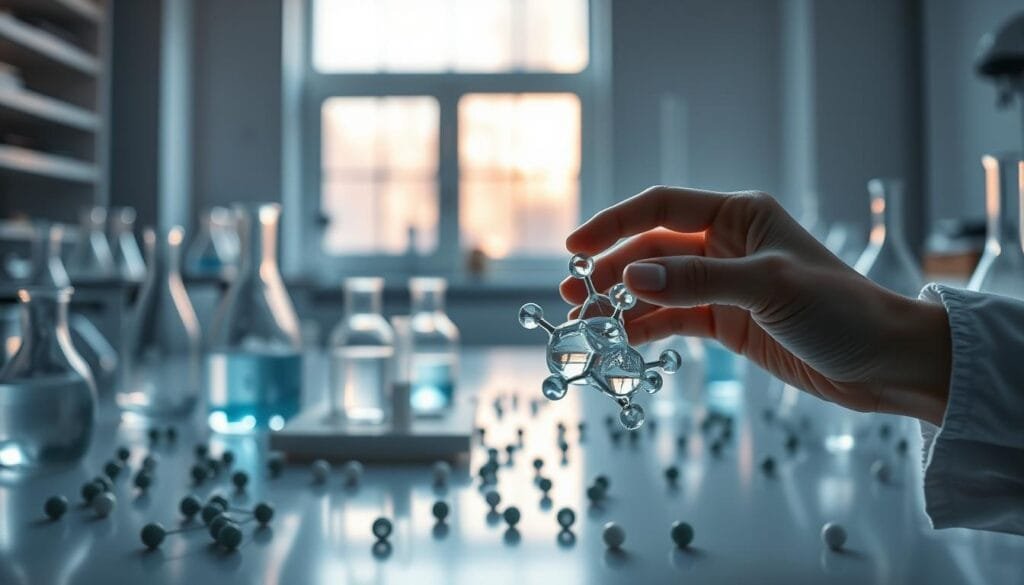 A serene laboratory setting with scattered molecular models and beakers of aqueous solutions. In the foreground, a scientist's hand holds a molecular model of hydrogen, symbolizing the restorative properties of hydrogen-rich water. The middle ground features glassware and scientific instruments bathed in soft, diffused lighting, conveying a sense of calm focus. The background showcases an out-of-focus view of a window, hinting at the connection between the laboratory work and its real-world wellness applications. The overall atmosphere evokes a meditative, tranquil mood, highlighting the stress-relieving potential of the molecular solutions.
